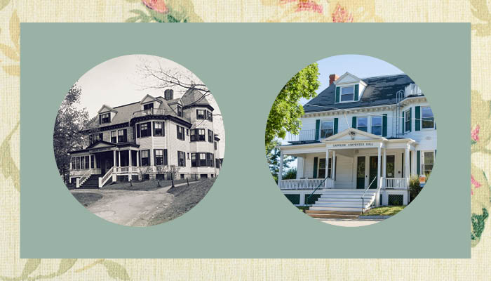 Then and now photos of Carpenter House at Lasell University on a floral wallpaper background