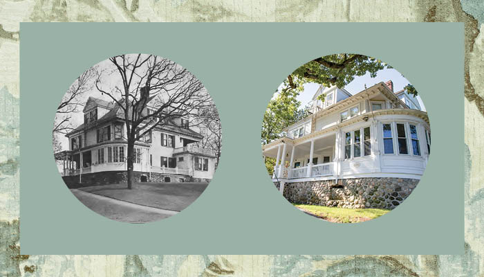 Then and now photos of Karandon House at Lasell University on a floral wallpaper background