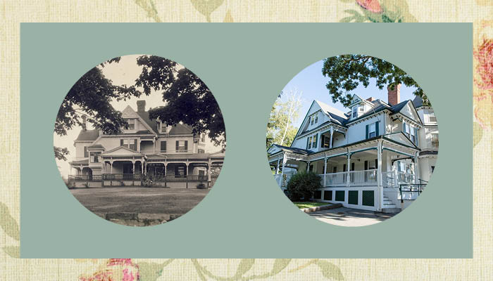 Then and now photos of Gardner House at Lasell University on a floral wallpaper background