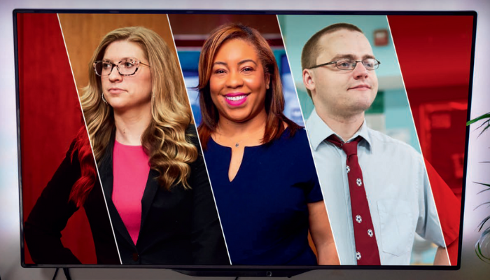 Three Lasell alumni featured on a TV screen depicting their careers