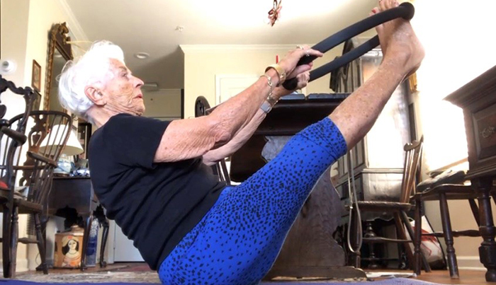 Gloria Boyd Major-Brown '44 in a Pilates pose