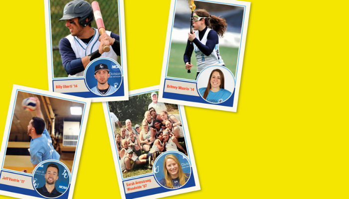 Four Lasell alumni coaches pictured on athletic cards with images of them currently and as players