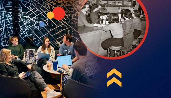 Students in the Arnow Campus Center juxtaposed with students in the 1950s at the Barn