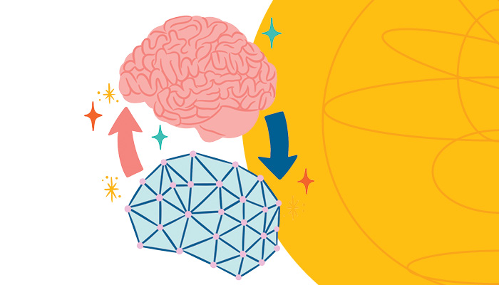 Illustration of a human brain and AI intelligence sharing information