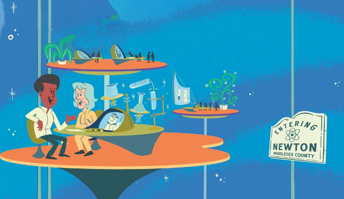 Illustration of Lasell Village and Lasell University community members learning in a futuristic environment