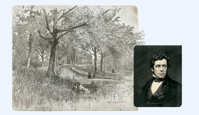 An early sketch of the Lasell Seminary. Inset: Founder Edward Lasell.