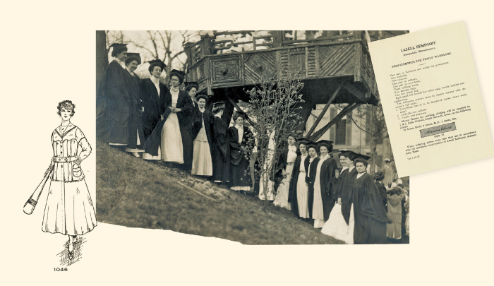 Pictured left: A sketch and written description of “suitable” dress options for Lasell Female Seminary students in the early 20th century, compared to long dresses worn in the 19th century (photo). 