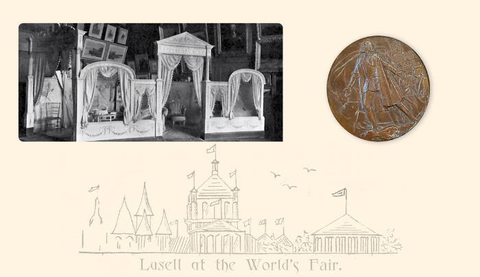 A photo of the Lasell Seminary booth at the 1893 World’s Fair; a sketch of the Fair from the Class of 1895 Allerlei; and Lasell's medallion for Fair participation.