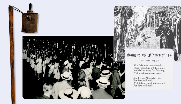 An early Lasell torch; a sketch of “The Flames” in The Lamp 1915; a “Song to the Flames” from the 1914 ceremony; and a photo of the 1940 Torchlight Parade.