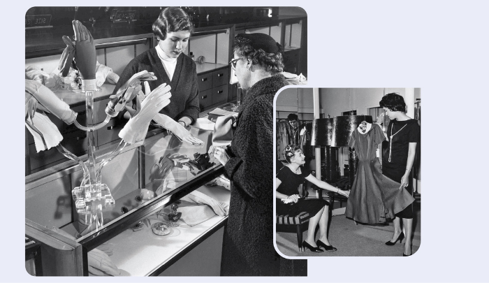 Pictured left: Lasell fashion students at work in the 1950s. 