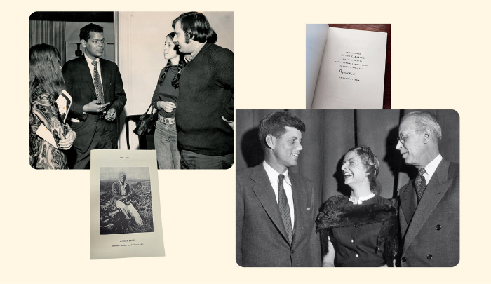 Pictured left: The Class of 1941’s tribute to their honorary classmate, Robert Frost (left) and a signed original copy of In the Clearing; guest speaker Julian Bond with students; then-Massachusetts Senator John F. Kennedy with Lasell President Raymond Wass (right).