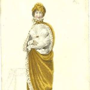 The Ackermann illustration depicts a young woman wearing a classic, white, high-waisted, Regency walking dress.