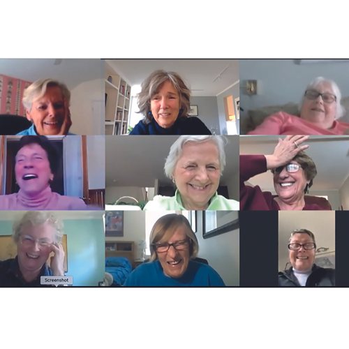  Pictured left to right on a recent Zoom call: Debbie Werner Forbes '65, Susan Miller-Havens '65, Joan Snipes Bigelow '65 (top); Pat Haggerty Fowler '65, Marsha Graziano Ballantyne '65, Dee Dee Hanley McGrath '65 (middle); Sara Jane Osborne '65, Elsa Hernberg Akui '65, Betsy Daigneau Marshall '65 (bottom).  