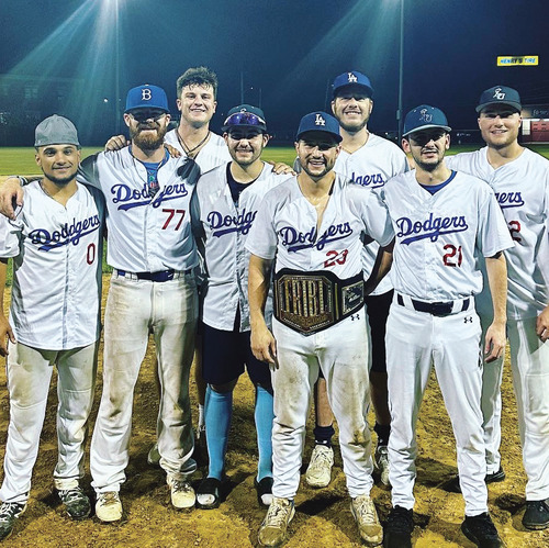 Pictured from left: Brian Cipolla '21, Jackson Gervais '15, Owen Caldwell '25, Tyler DiNezza '25, Skylar, Sean Doris '21, Patrick Colvin '20 G'22, and Chris O'Connor '20 G'22.