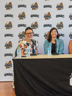 Professor Christina Alejandre (left) at a faculty-athletic representative event