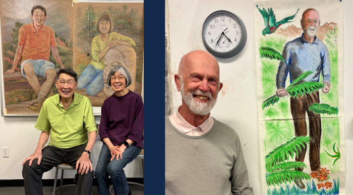 Self portraits painted by Lasell Village residents Dora and Robert Hsiung and Michael St. Clair