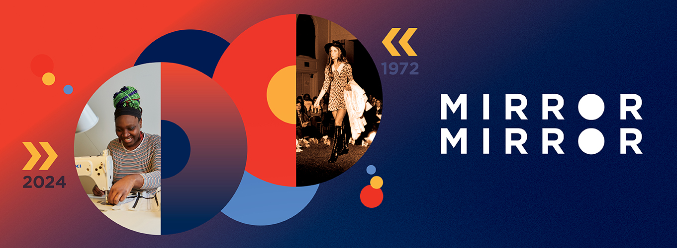 Image of current Lasell student at a sewing machine next to an archive image of a runway show from the 1970s