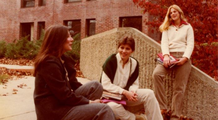 Lasell students sit on the stairs on campus in Fall 1978. 