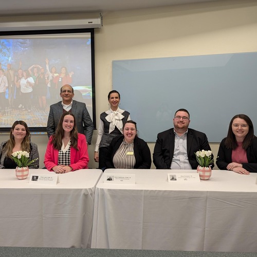 Maggie Clukey '23, event manager at Boston Newton Marriott Hotel; Grace Lund ’21, events and office manager at Ocean Community Chamber of Commerce; Devin Zambruno '22 G’23, sales and marketing specialist at Lasell Village; Brian Erickson '23, assistant general services manager at Iris Hotel Boston; and Shannon Pasco Lazinsk ’15, senior event services manager at Massachusetts Convention Center Authority.