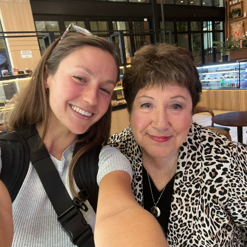 Marie Fratoni '69 (right) with Rachel Dougherty, director of leadership giving at Lasell University