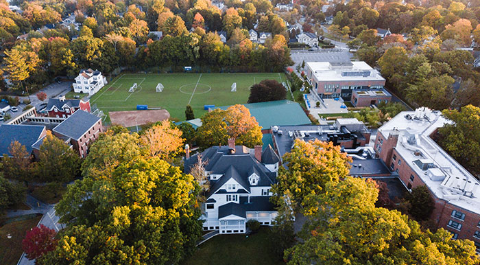 Lasell campus view from a drone