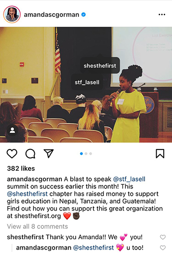 Amanda Gorman at Lasell University, as seen in an Instagram post from Gorman's account